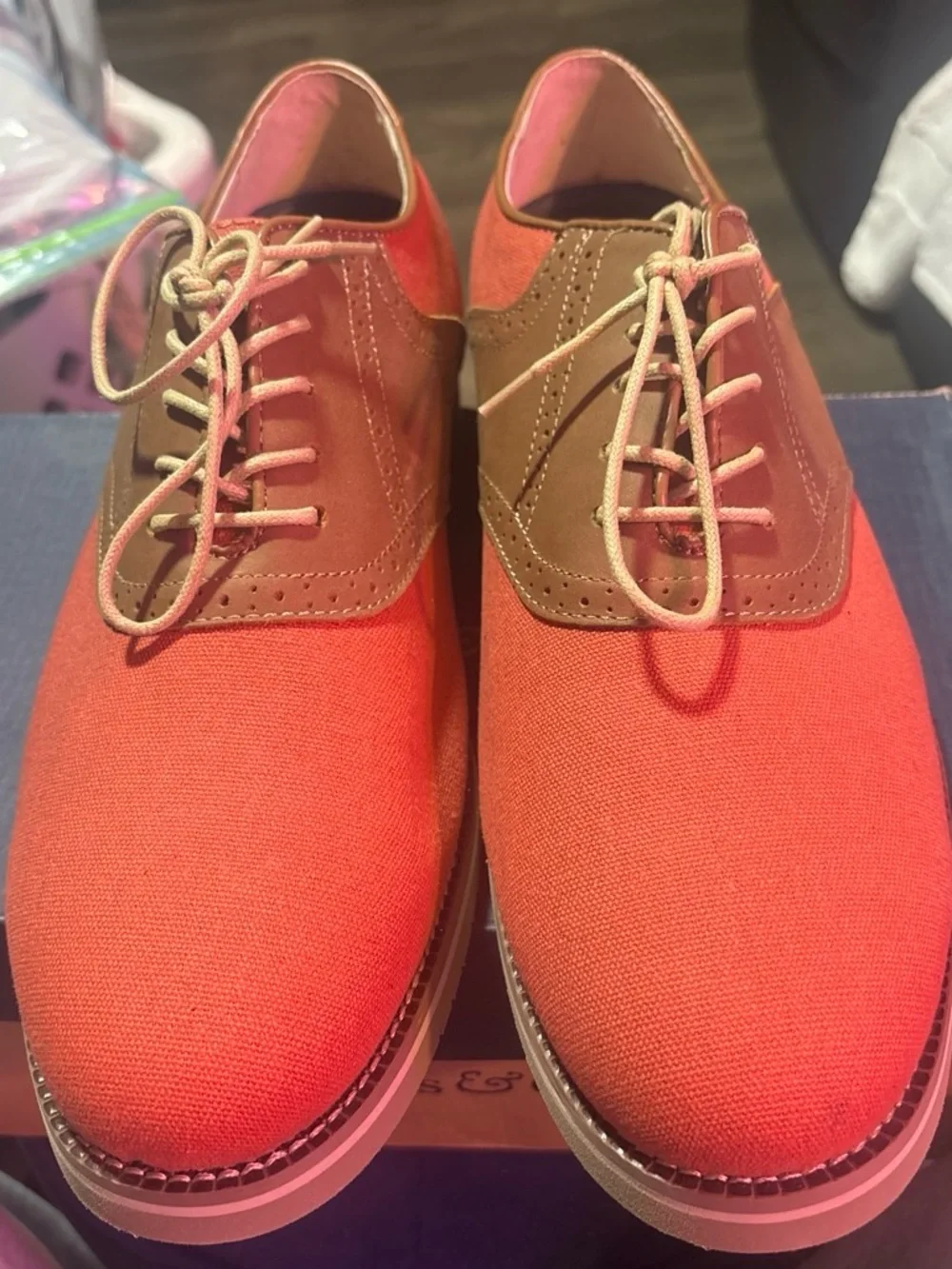 Men G.H. Bass & Co. Coral Canvas and Brown Leatherette Oxford Flats